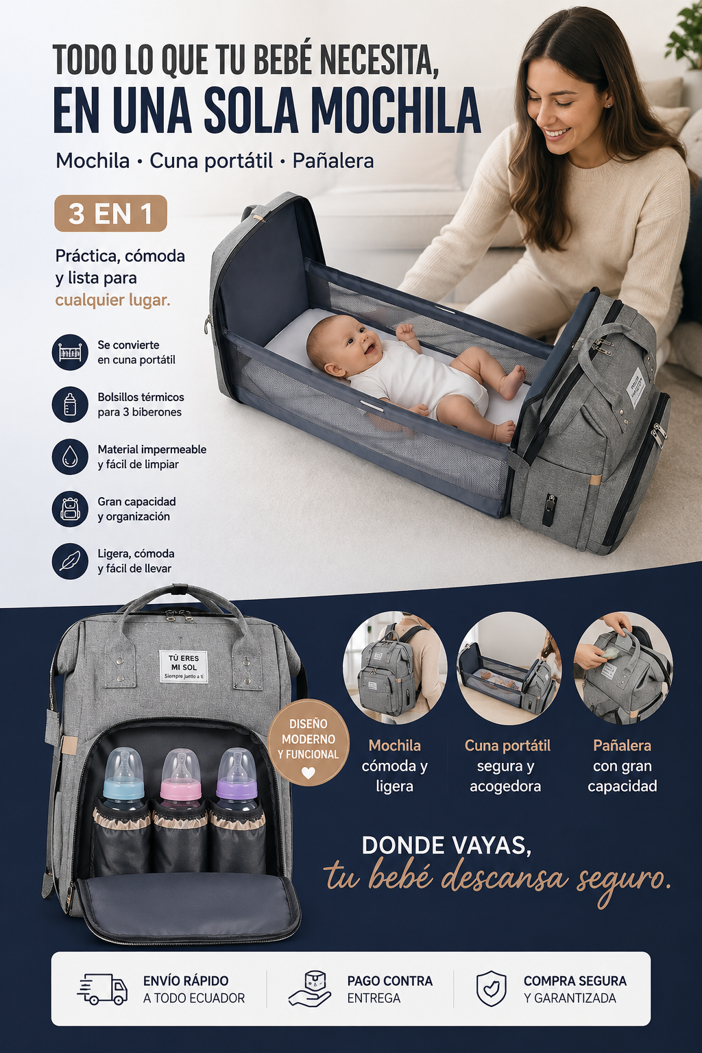 Mochila Pañalera 3 en 1 con Cuna Portátil