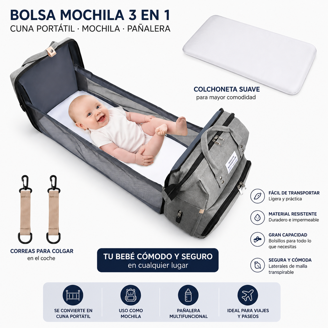 Mochila Pañalera 3 en 1 con Cuna Portátil